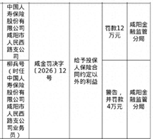 中国人寿咸阳市人民西路支公司被罚12万，涉给予投保人合同外利益